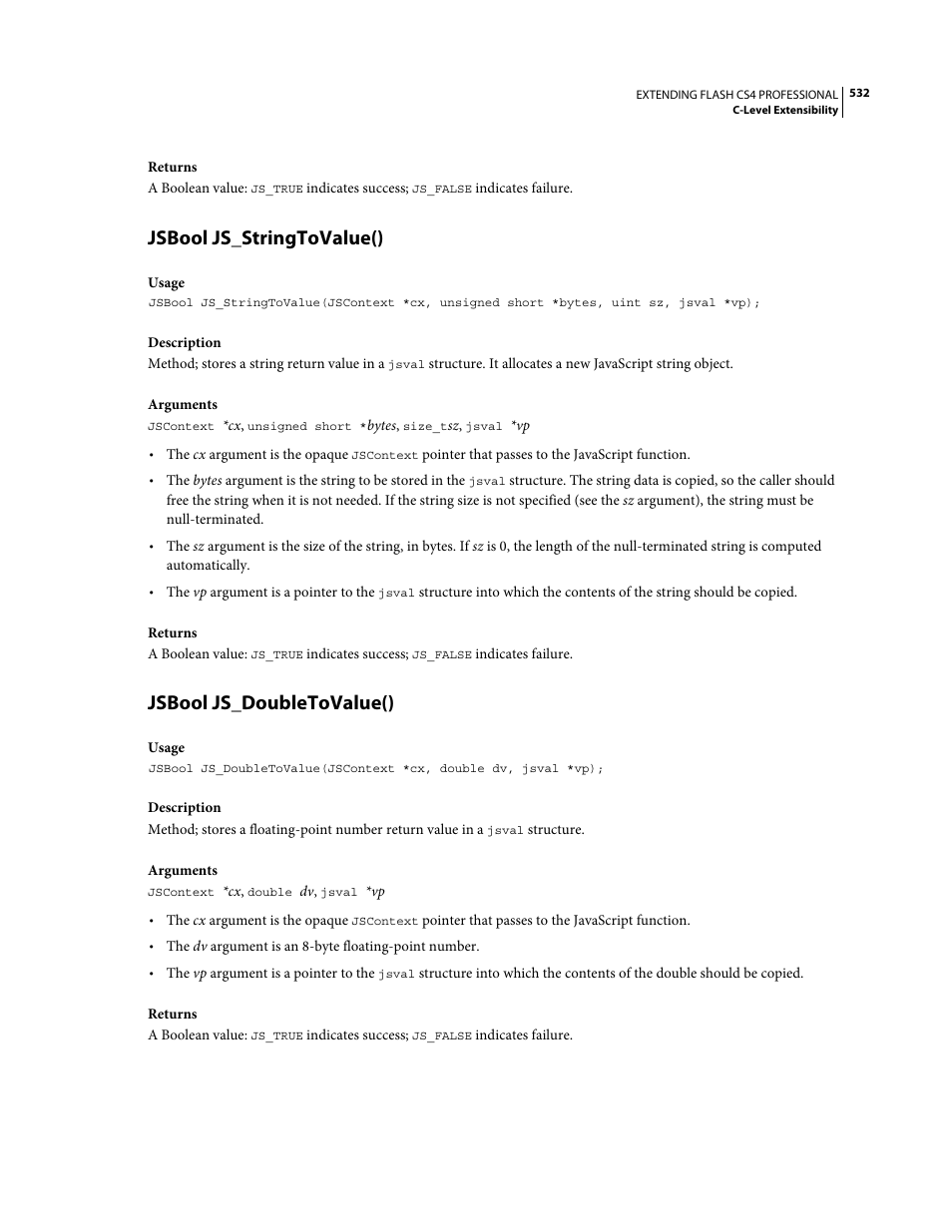 Jsbool js_stringtovalue(), Jsbool js_doubletovalue() | Adobe Extending Flash Professional CS4 User Manual | Page 554 / 560