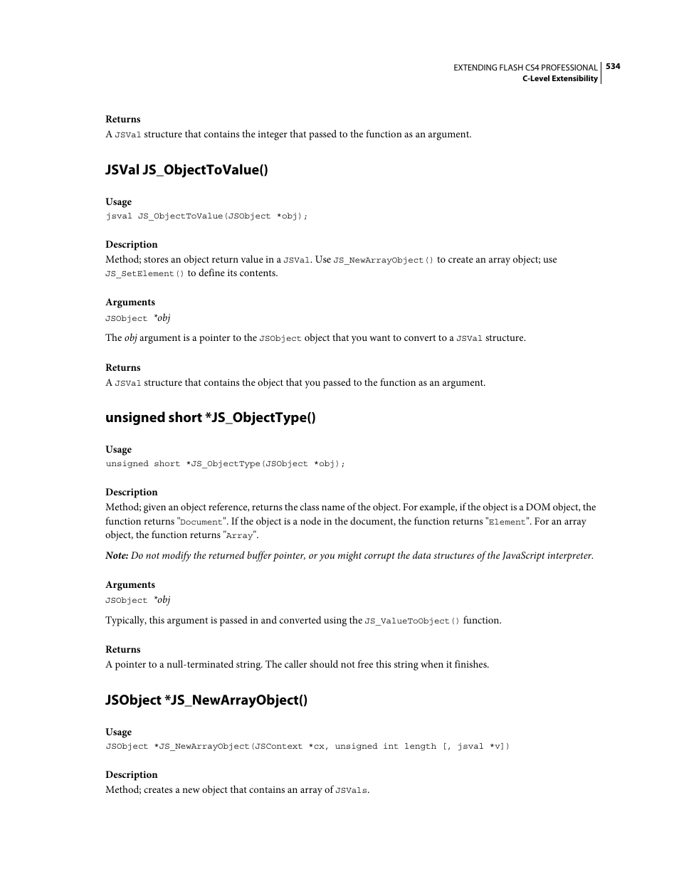 Jsval js_objecttovalue(), Unsigned short *js_objecttype(), Jsobject *js_newarrayobject() | Adobe Extending Flash Professional CS4 User Manual | Page 556 / 560