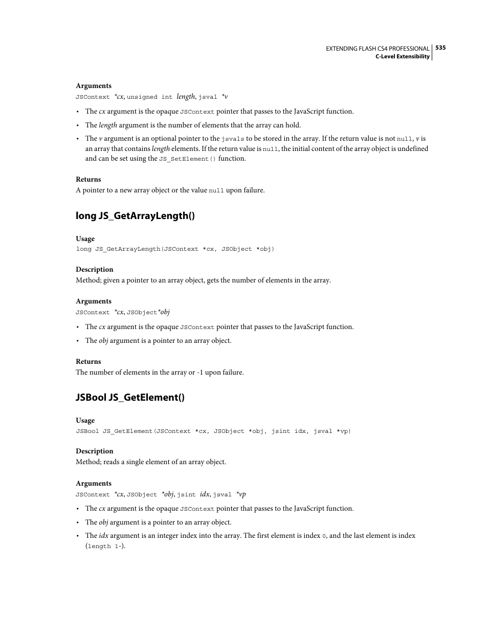 Long js_getarraylength(), Jsbool js_getelement() | Adobe Extending Flash Professional CS4 User Manual | Page 557 / 560