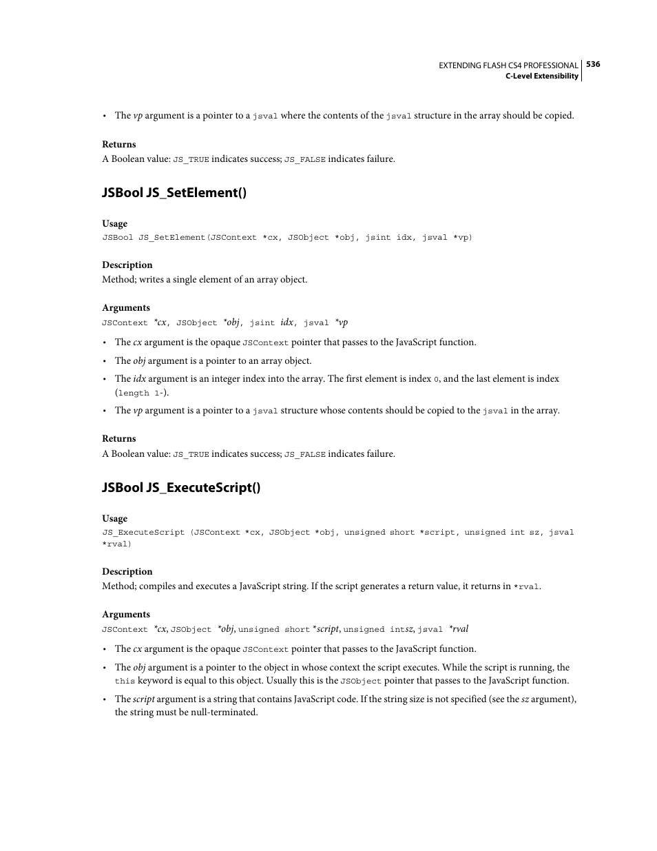 Jsbool js_setelement(), Jsbool js_executescript() | Adobe Extending Flash Professional CS4 User Manual | Page 558 / 560
