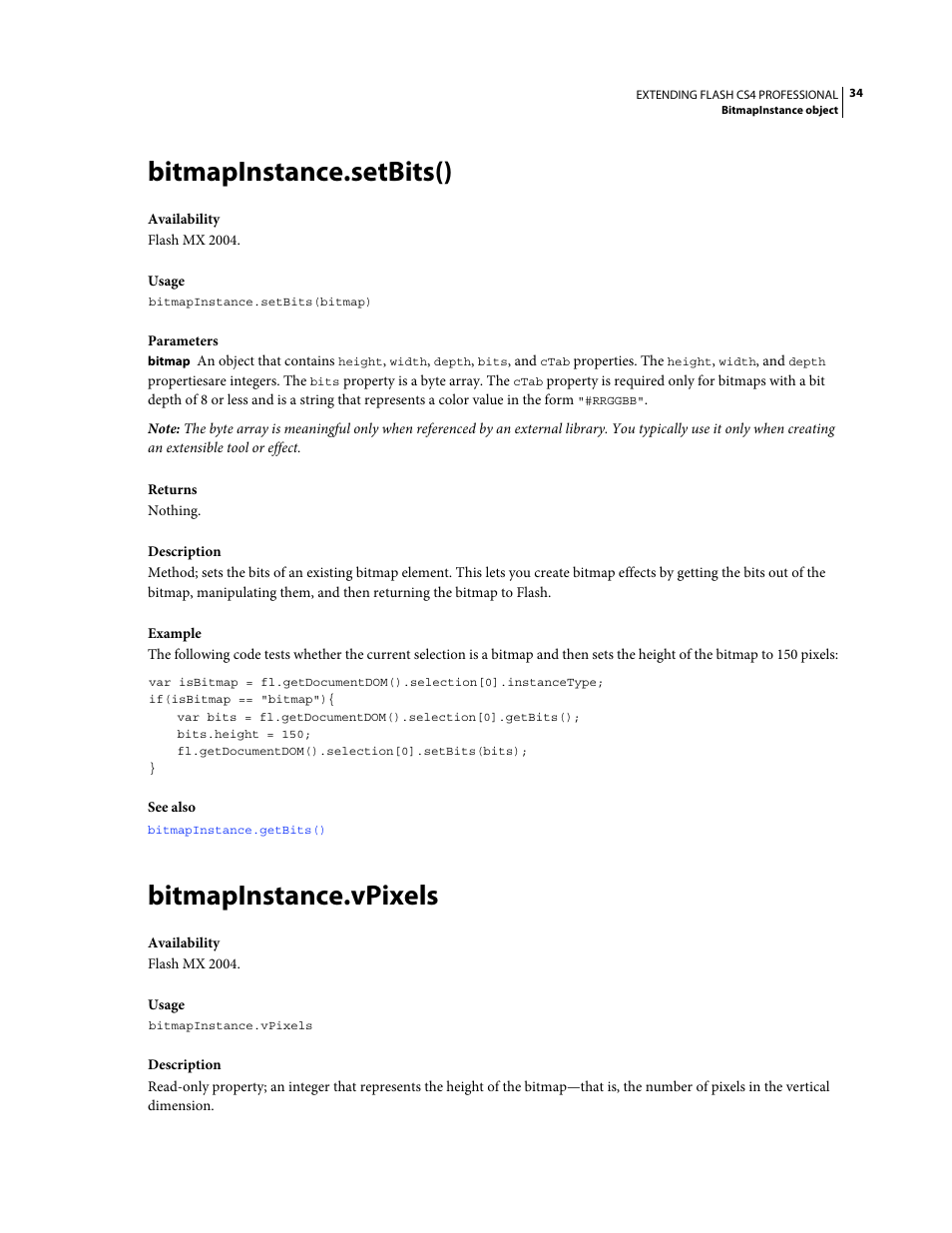 Bitmapinstance.setbits(), Bitmapinstance.vpixels | Adobe Extending Flash Professional CS4 User Manual | Page 56 / 560