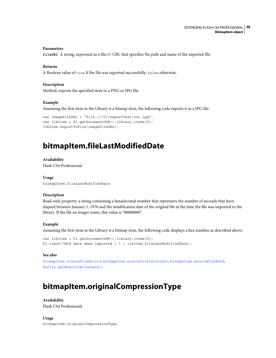 Bitmapitem.filelastmodifieddate, Bitmapitem.originalcompressiontype | Adobe Extending Flash Professional CS4 User Manual | Page 60 / 560