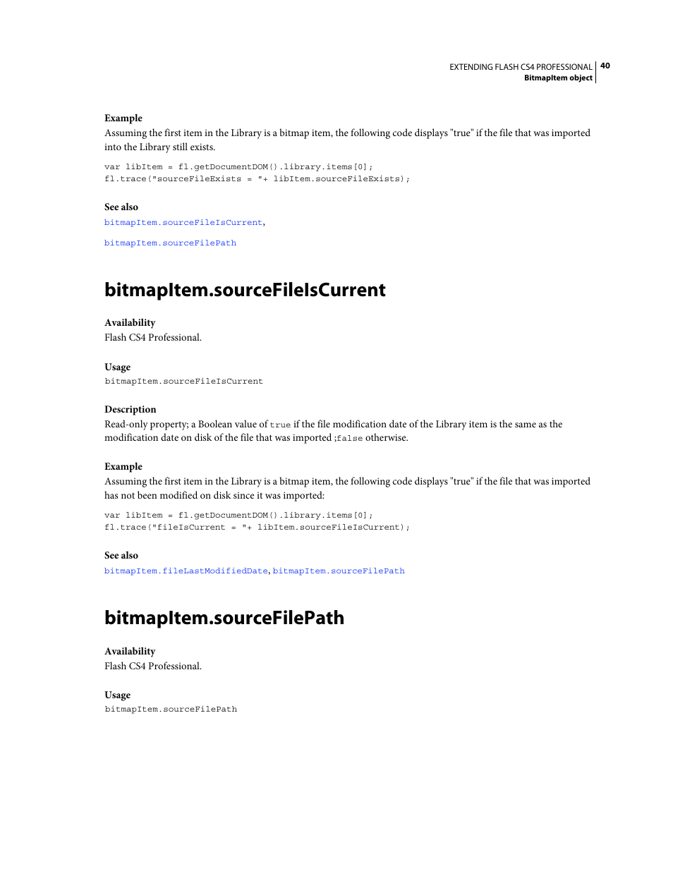 Bitmapitem.sourcefileiscurrent, Bitmapitem.sourcefilepath | Adobe Extending Flash Professional CS4 User Manual | Page 62 / 560