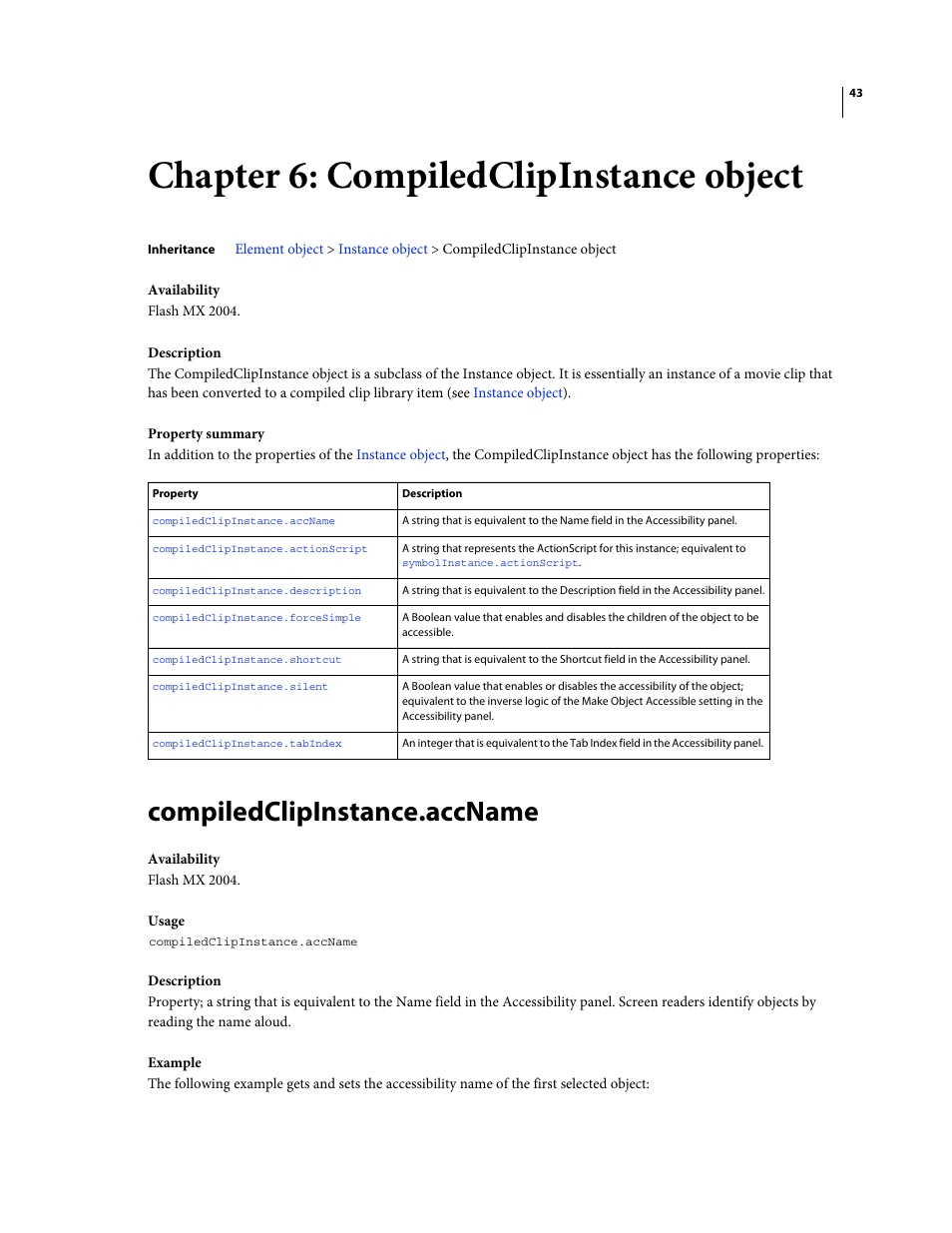 Chapter 6: compiledclipinstance object, Compiledclipinstance.accname | Adobe Extending Flash Professional CS4 User Manual | Page 65 / 560