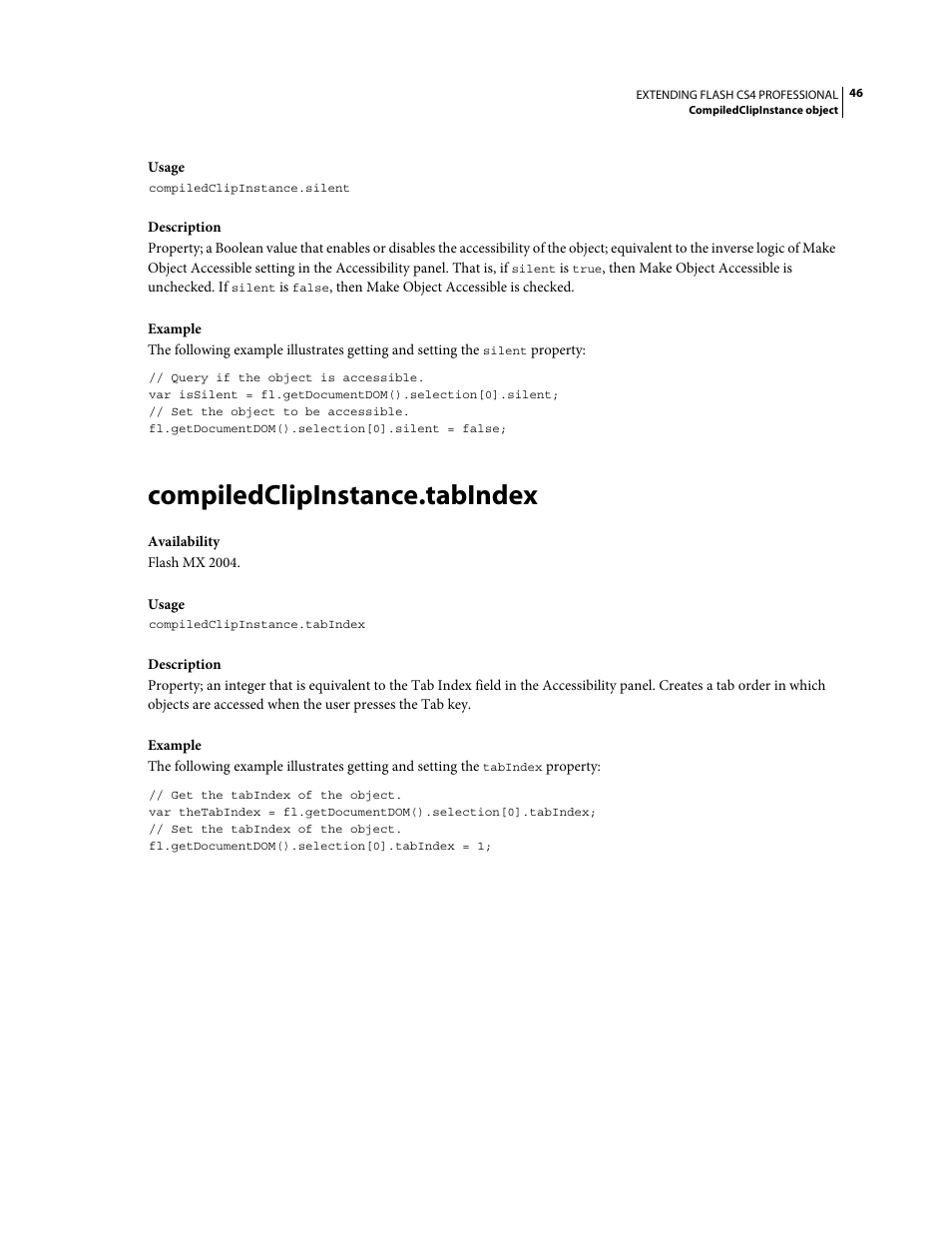 Compiledclipinstance.tabindex | Adobe Extending Flash Professional CS4 User Manual | Page 68 / 560