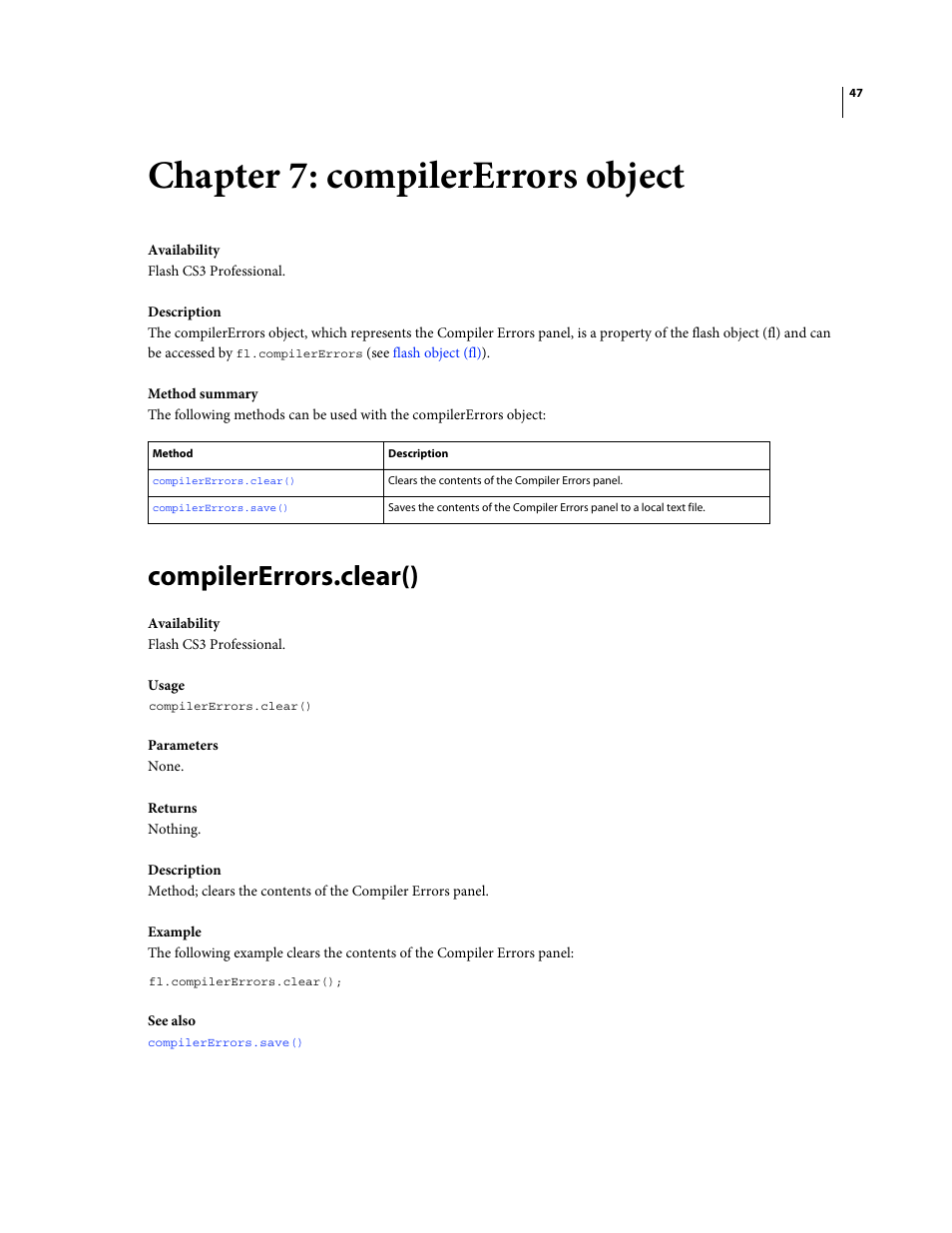 Chapter 7: compilererrors object, Compilererrors.clear() | Adobe Extending Flash Professional CS4 User Manual | Page 69 / 560