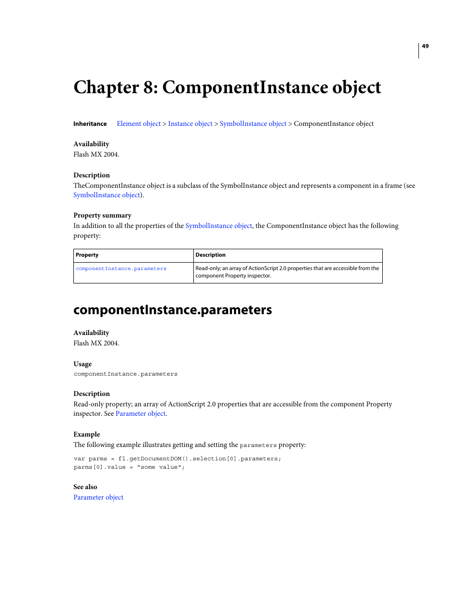 Chapter 8: componentinstance object, Componentinstance.parameters | Adobe Extending Flash Professional CS4 User Manual | Page 71 / 560