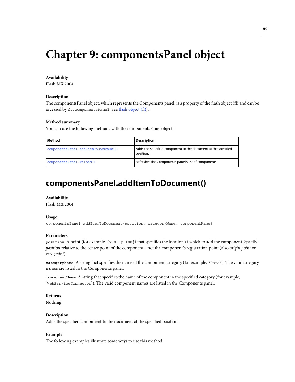 Chapter 9: componentspanel object, Componentspanel.additemtodocument() | Adobe Extending Flash Professional CS4 User Manual | Page 72 / 560