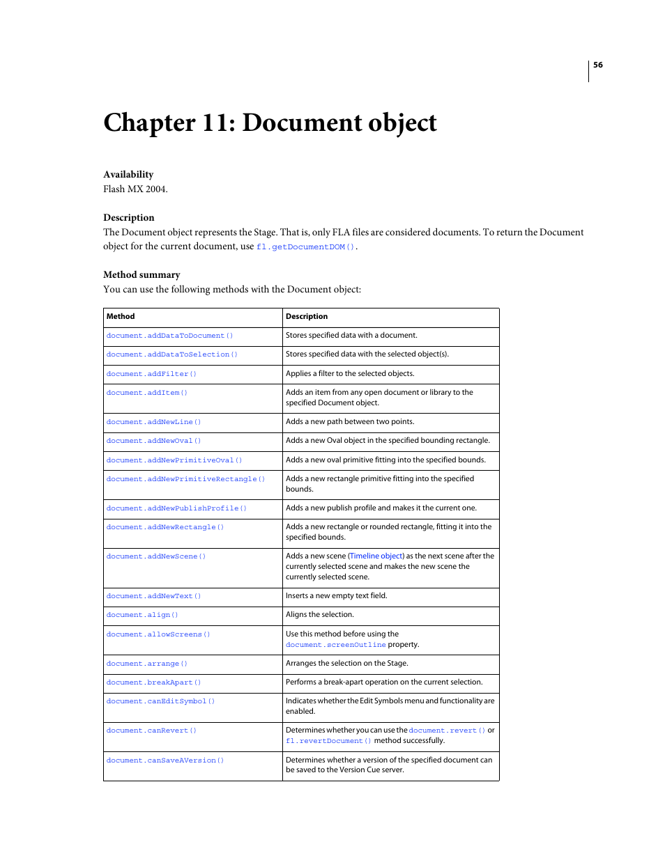 Chapter 11: document object, Document object | Adobe Extending Flash Professional CS4 User Manual | Page 78 / 560