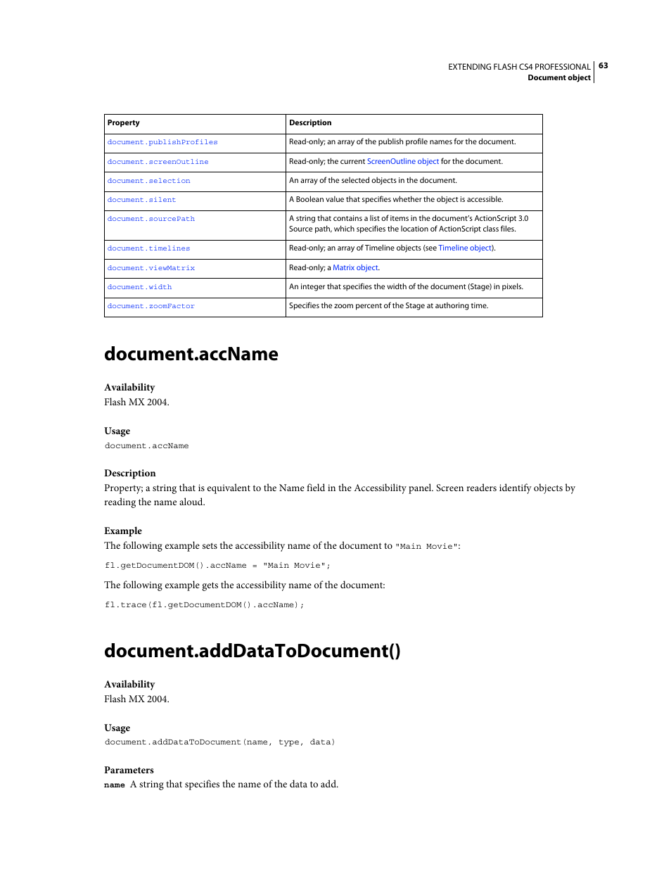 Document.accname, Document.adddatatodocument() | Adobe Extending Flash Professional CS4 User Manual | Page 85 / 560