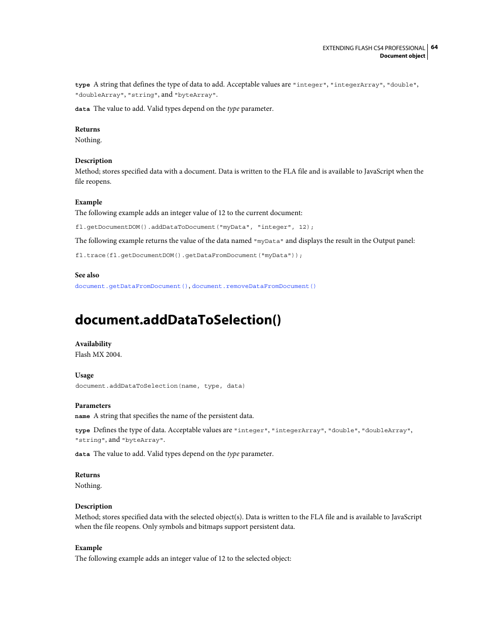 Document.adddatatoselection() | Adobe Extending Flash Professional CS4 User Manual | Page 86 / 560