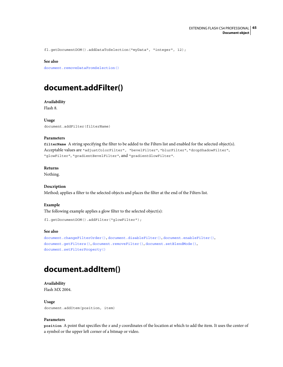 Document.addfilter(), Document.additem() | Adobe Extending Flash Professional CS4 User Manual | Page 87 / 560