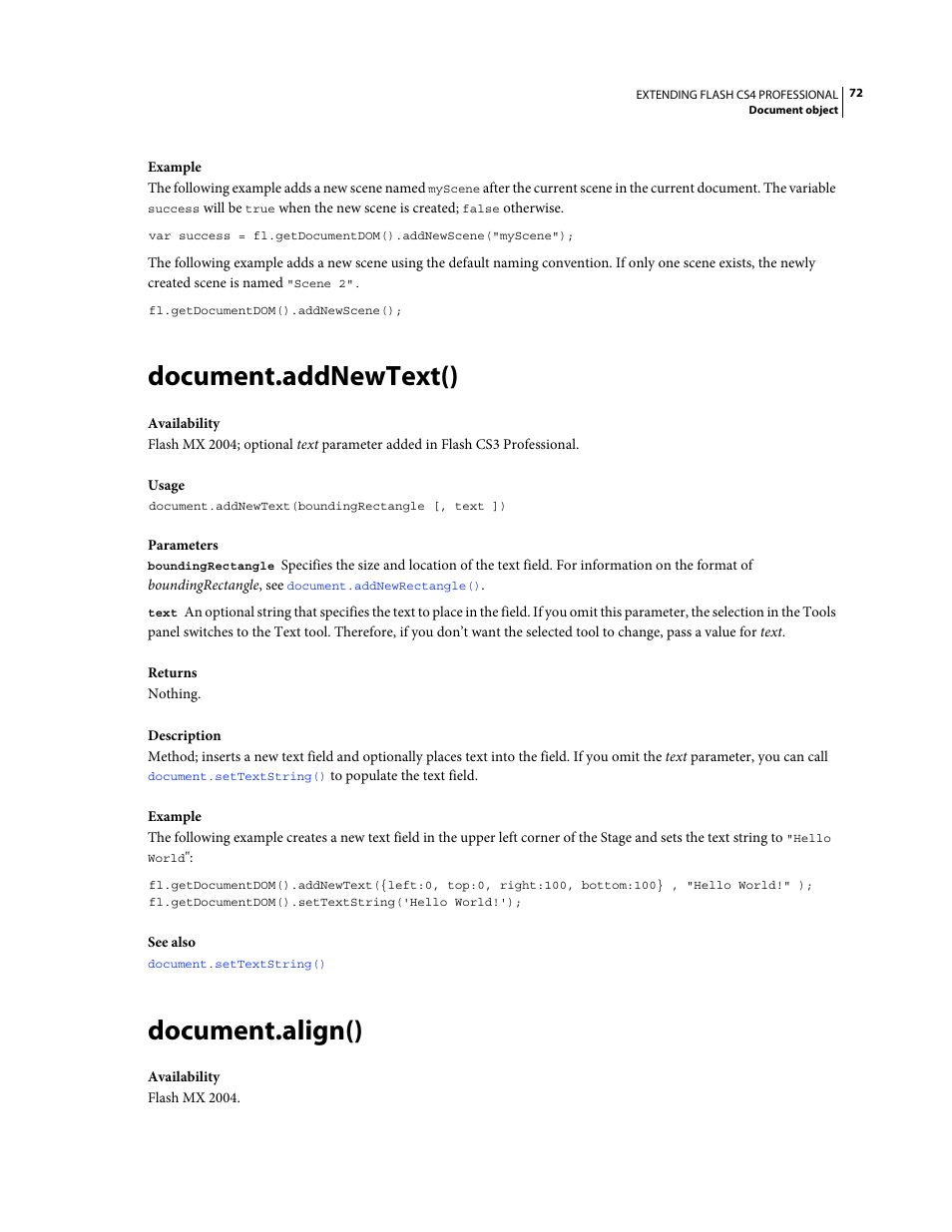 Document.addnewtext(), Document.align(), Sets the preferences for | Adobe Extending Flash Professional CS4 User Manual | Page 94 / 560