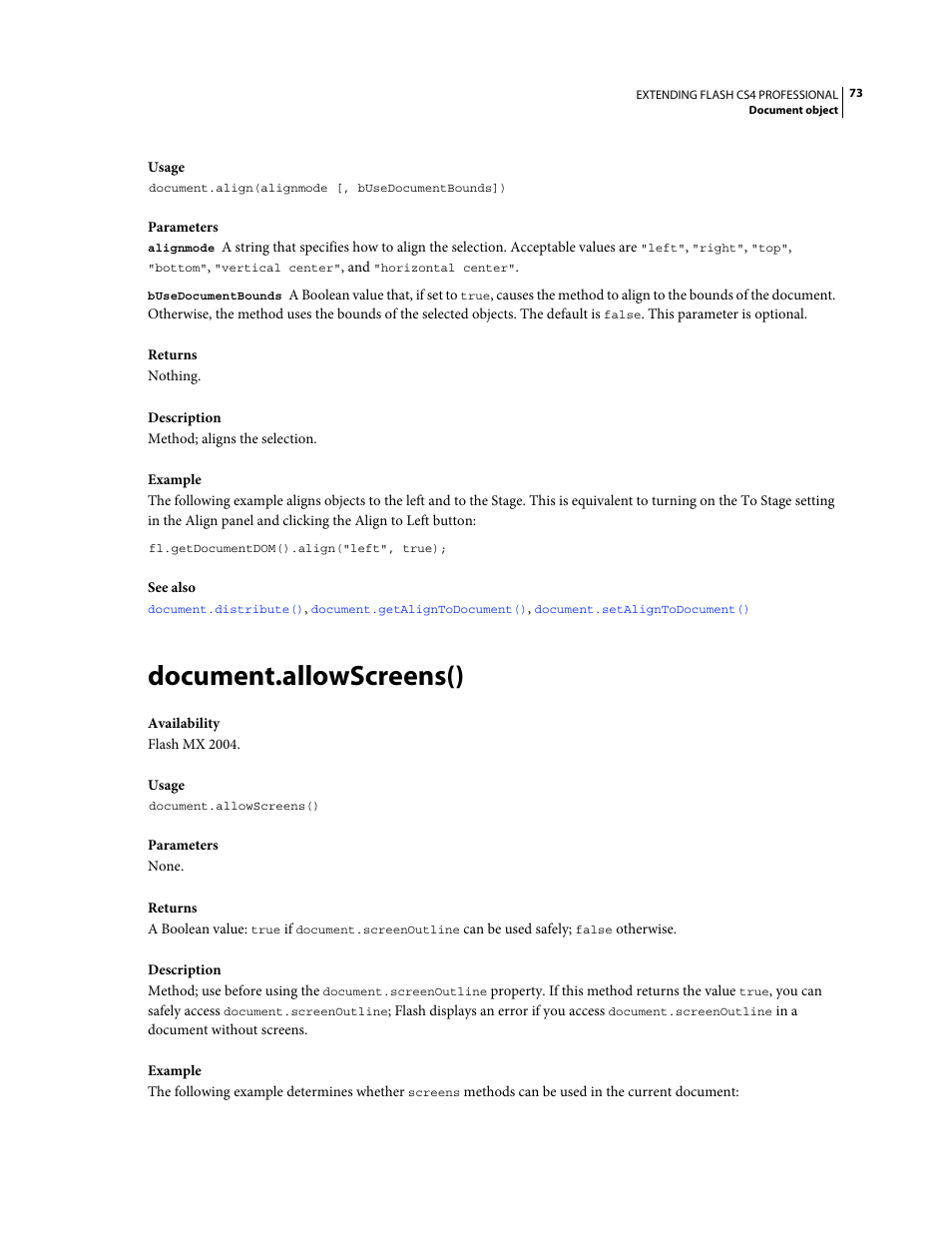 Document.allowscreens() | Adobe Extending Flash Professional CS4 User Manual | Page 95 / 560