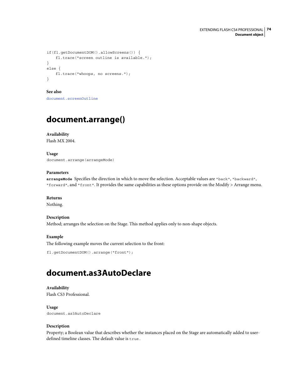 Document.arrange(), Document.as3autodeclare | Adobe Extending Flash Professional CS4 User Manual | Page 96 / 560