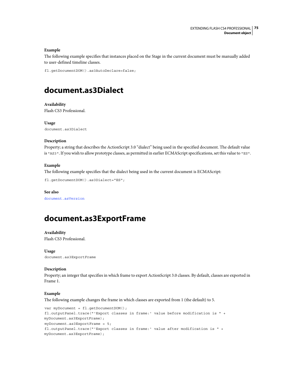 Document.as3dialect, Document.as3exportframe | Adobe Extending Flash Professional CS4 User Manual | Page 97 / 560