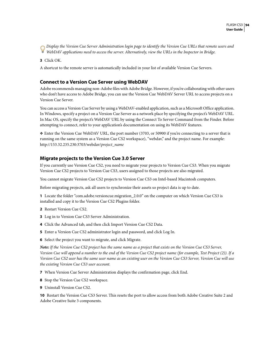 Connect to a version cue server using webdav, Migrate projects to the version cue 3.0 server | Adobe Flash Professional CS3 User Manual | Page 100 / 527