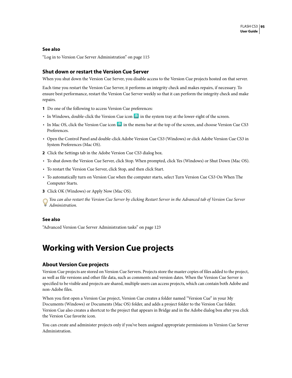 Shut down or restart the version cue server, Working with version cue projects, About version cue projects | Adobe Flash Professional CS3 User Manual | Page 101 / 527