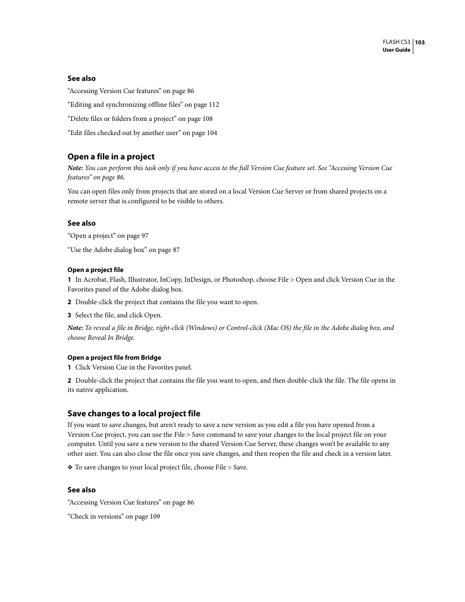 Open a file in a project, Save changes to a local project file | Adobe Flash Professional CS3 User Manual | Page 109 / 527