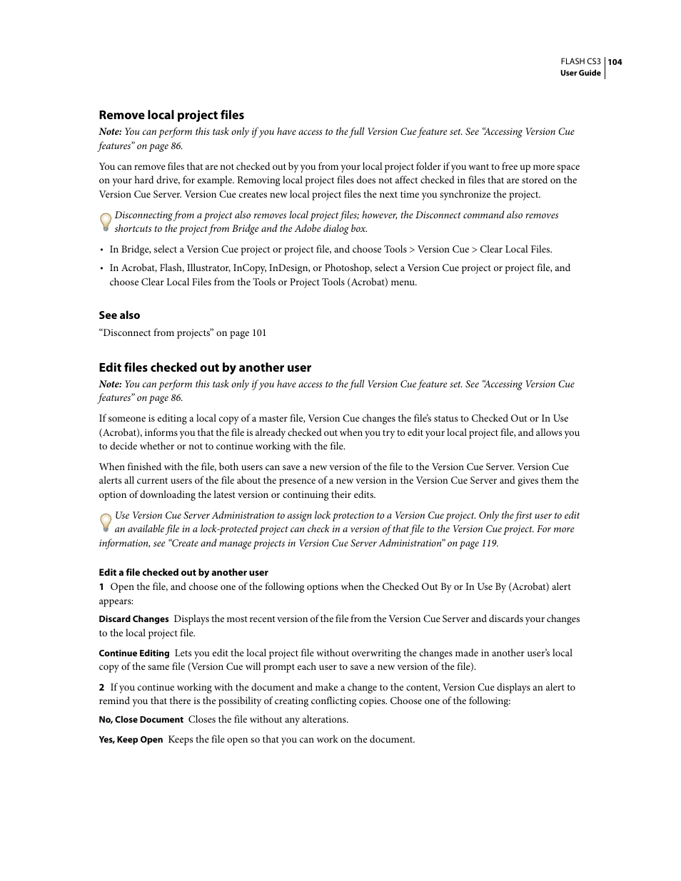 Remove local project files, Edit files checked out by another user | Adobe Flash Professional CS3 User Manual | Page 110 / 527