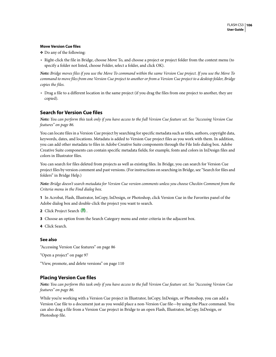 Search for version cue files, Placing version cue files | Adobe Flash Professional CS3 User Manual | Page 112 / 527