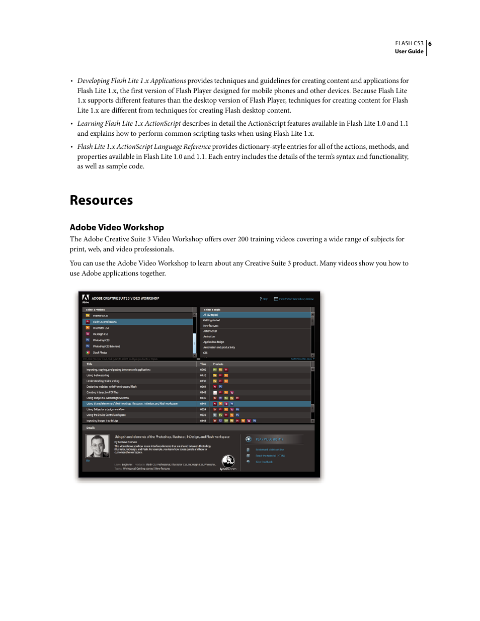 Resources, Adobe video workshop | Adobe Flash Professional CS3 User Manual | Page 12 / 527