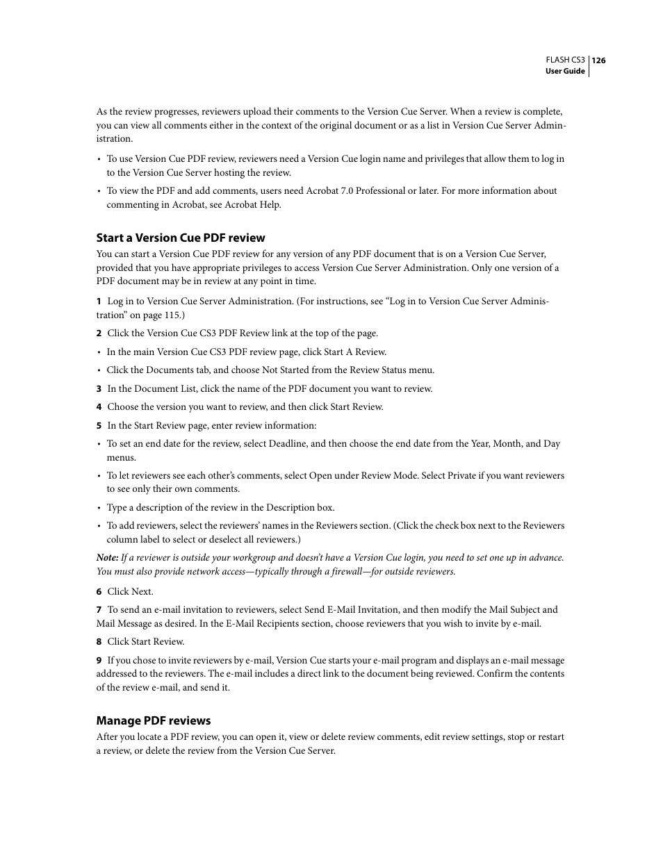 Start a version cue pdf review, Manage pdf reviews | Adobe Flash Professional CS3 User Manual | Page 132 / 527