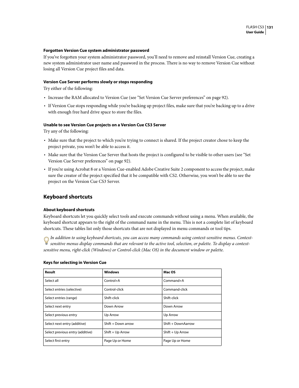 Keyboard shortcuts | Adobe Flash Professional CS3 User Manual | Page 137 / 527