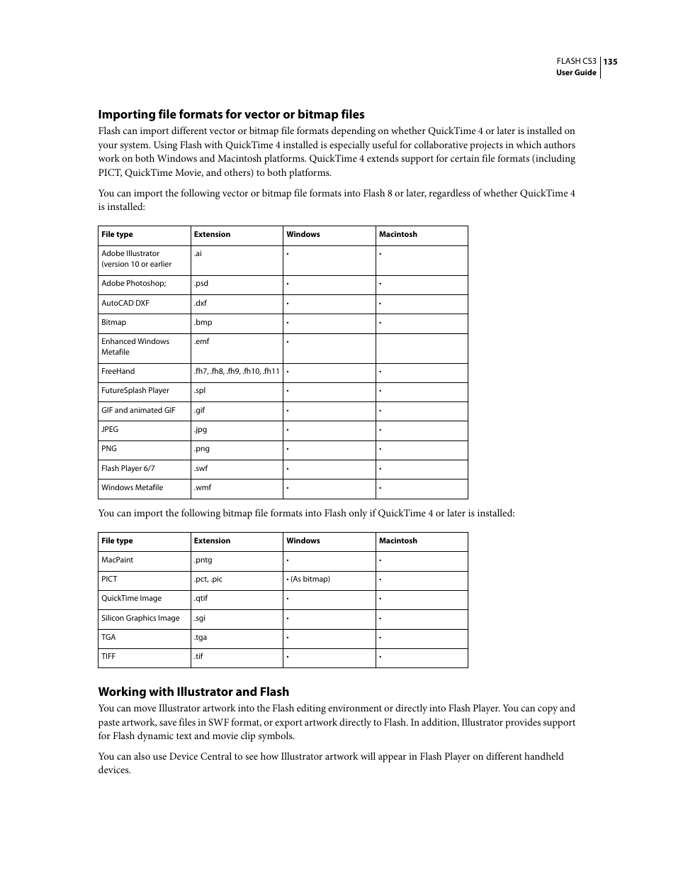 Importing file formats for vector or bitmap files, Working with illustrator and flash | Adobe Flash Professional CS3 User Manual | Page 141 / 527