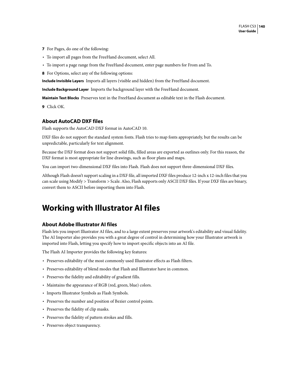 About autocad dxf files, Working with illustrator ai files, About adobe illustrator ai files | Adobe Flash Professional CS3 User Manual | Page 146 / 527