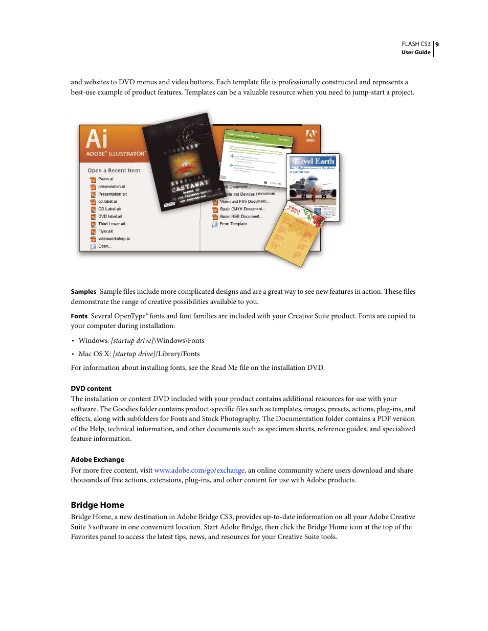 Bridge home, Travel earth, Windows: [startup drive] \windows\fonts | Cose tetu r sa dips cing 01, Samples, Fonts, Flash cs3, User guide | Adobe Flash Professional CS3 User Manual | Page 15 / 527