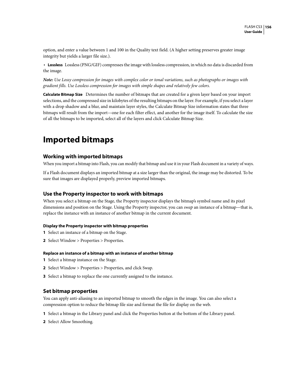 Imported bitmaps, Working with imported bitmaps, Use the property inspector to work with bitmaps | Set bitmap properties | Adobe Flash Professional CS3 User Manual | Page 162 / 527