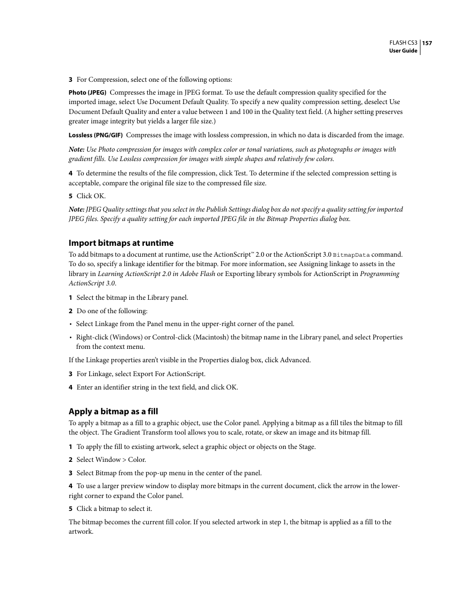 Import bitmaps at runtime, Apply a bitmap as a fill | Adobe Flash Professional CS3 User Manual | Page 163 / 527