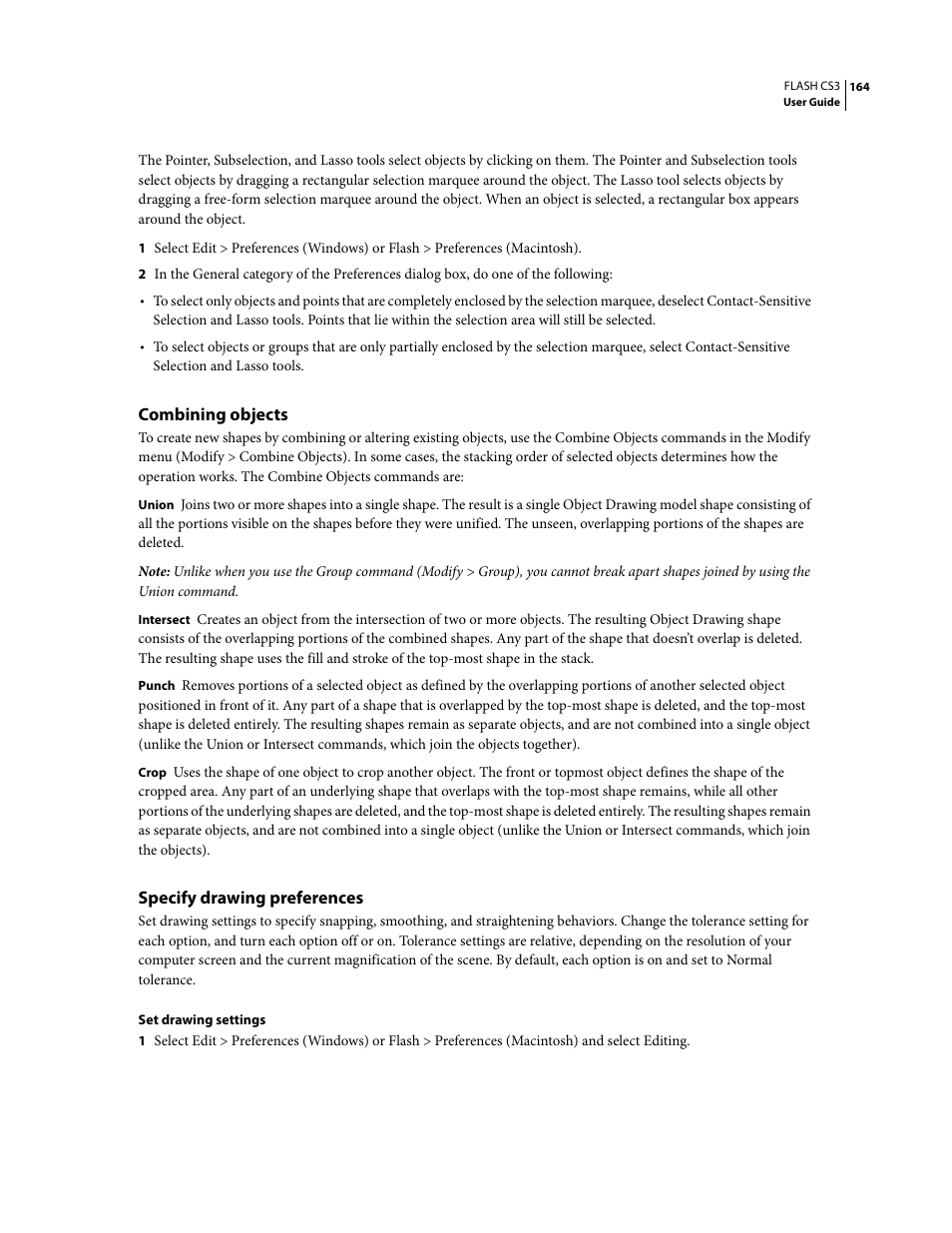 Combining objects, Specify drawing preferences | Adobe Flash Professional CS3 User Manual | Page 170 / 527