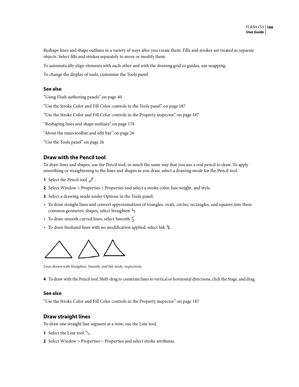 Draw with the pencil tool, Draw straight lines | Adobe Flash Professional CS3 User Manual | Page 172 / 527