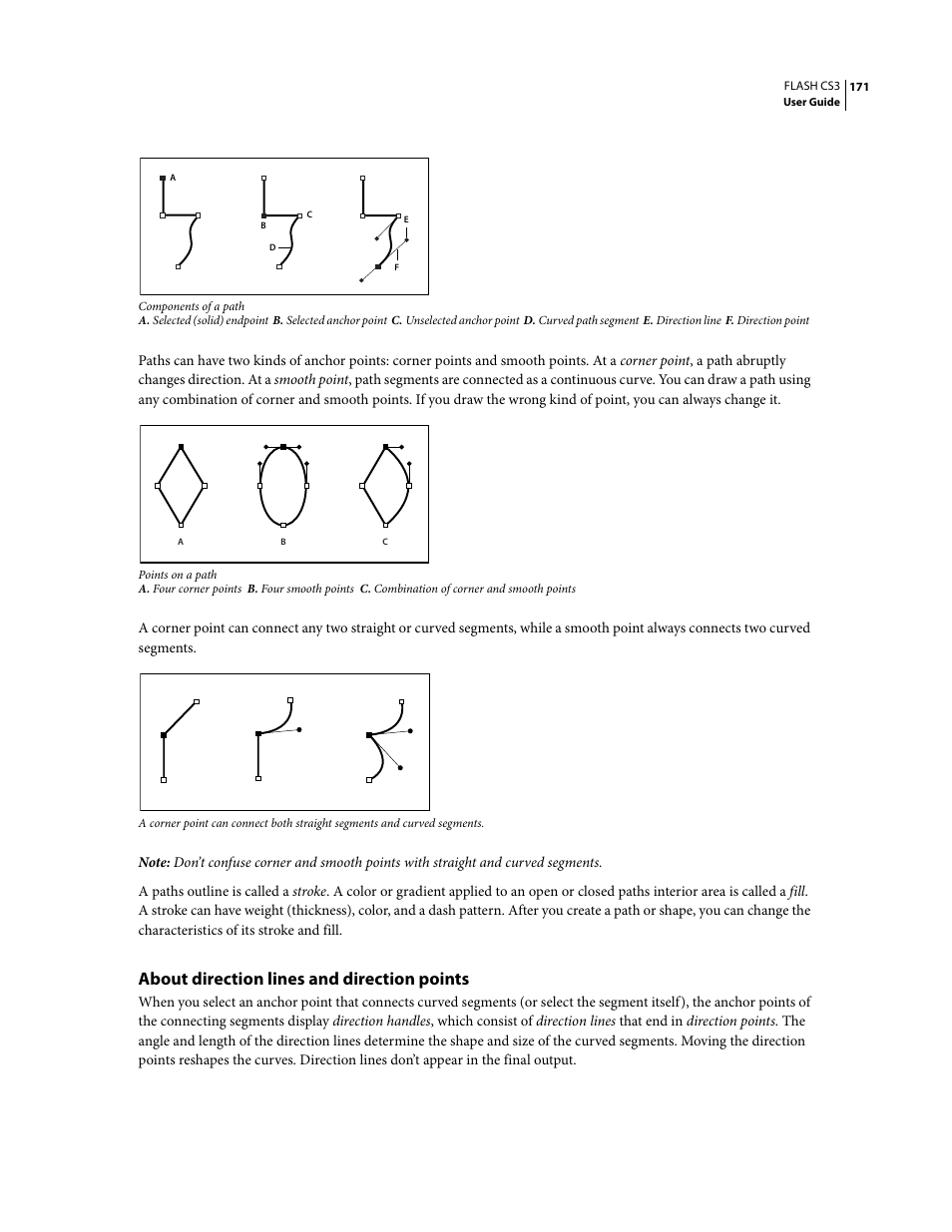 About direction lines and direction points | Adobe Flash Professional CS3 User Manual | Page 177 / 527