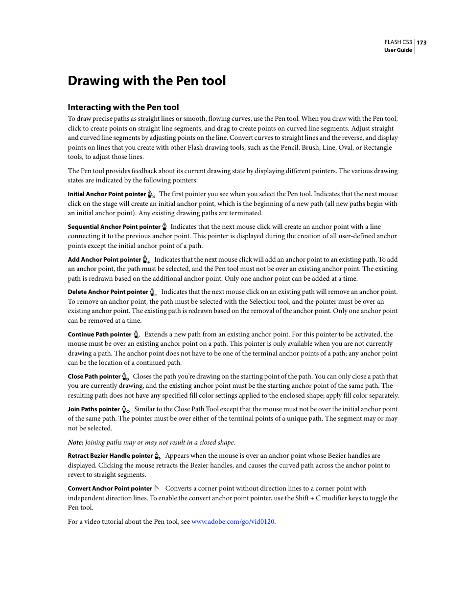 Drawing with the pen tool, Interacting with the pen tool | Adobe Flash Professional CS3 User Manual | Page 179 / 527