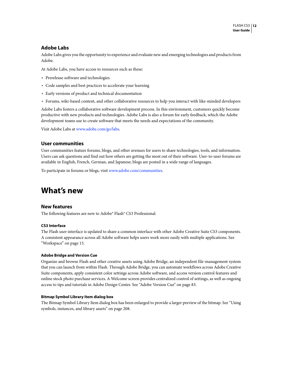 Adobe labs, User communities, What’s new | New features | Adobe Flash Professional CS3 User Manual | Page 18 / 527