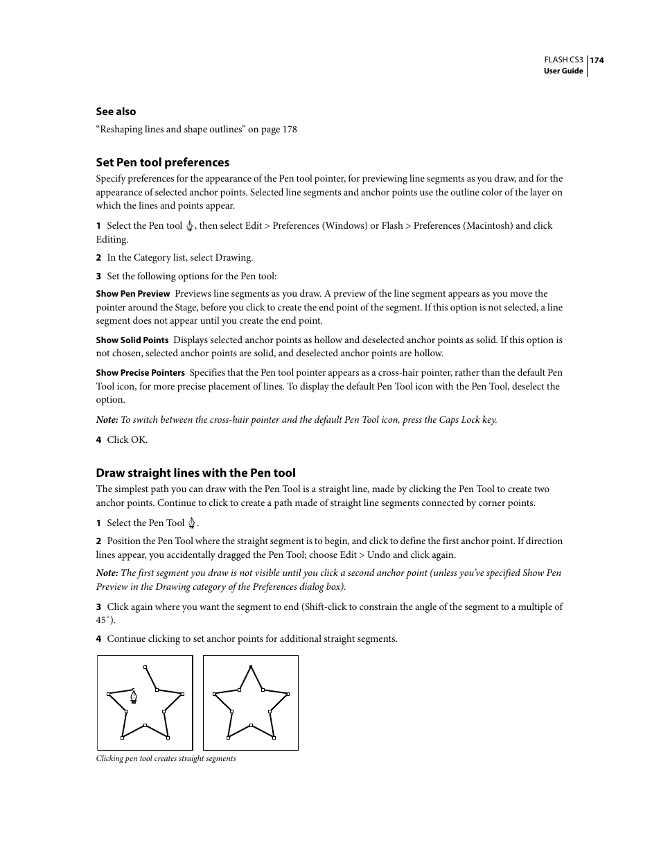 Set pen tool preferences, Draw straight lines with the pen tool | Adobe Flash Professional CS3 User Manual | Page 180 / 527