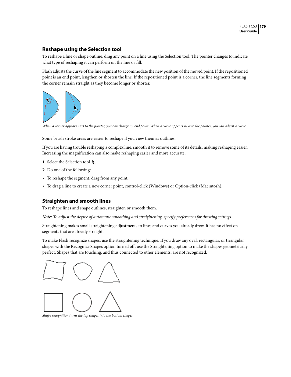 Reshape using the selection tool, Straighten and smooth lines | Adobe Flash Professional CS3 User Manual | Page 185 / 527