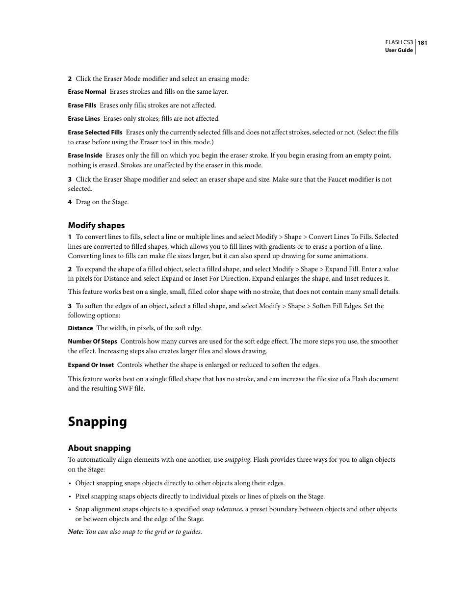 Modify shapes, Snapping, About snapping | Adobe Flash Professional CS3 User Manual | Page 187 / 527