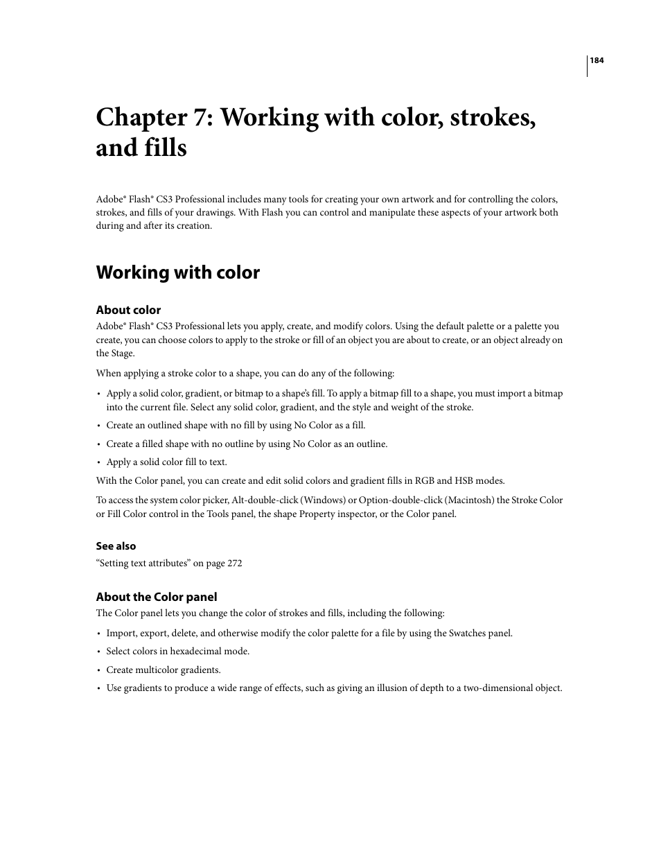 Chapter 7: working with color, strokes, and fills, Working with color, About color | About the color panel | Adobe Flash Professional CS3 User Manual | Page 190 / 527