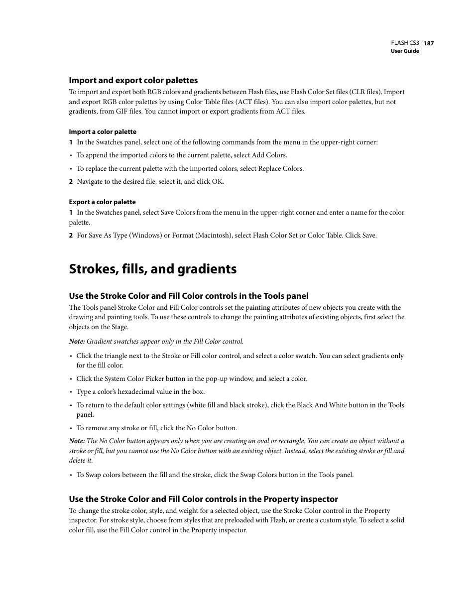 Import and export color palettes, Strokes, fills, and gradients | Adobe Flash Professional CS3 User Manual | Page 193 / 527