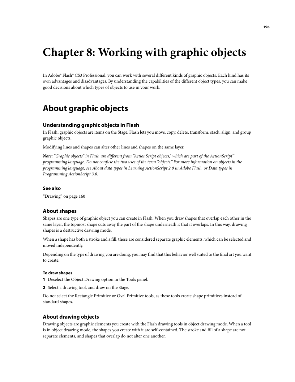 Chapter 8: working with graphic objects, About graphic objects, Understanding graphic objects in flash | About shapes, About drawing objects | Adobe Flash Professional CS3 User Manual | Page 202 / 527