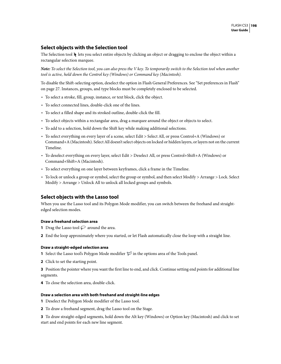 Select objects with the selection tool, Select objects with the lasso tool | Adobe Flash Professional CS3 User Manual | Page 204 / 527