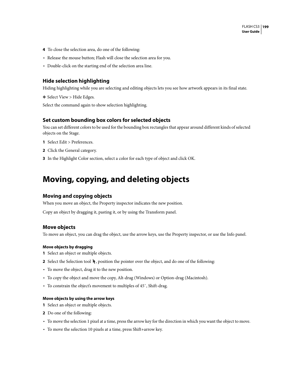 Hide selection highlighting, Moving, copying, and deleting objects, Moving and copying objects | Move objects | Adobe Flash Professional CS3 User Manual | Page 205 / 527