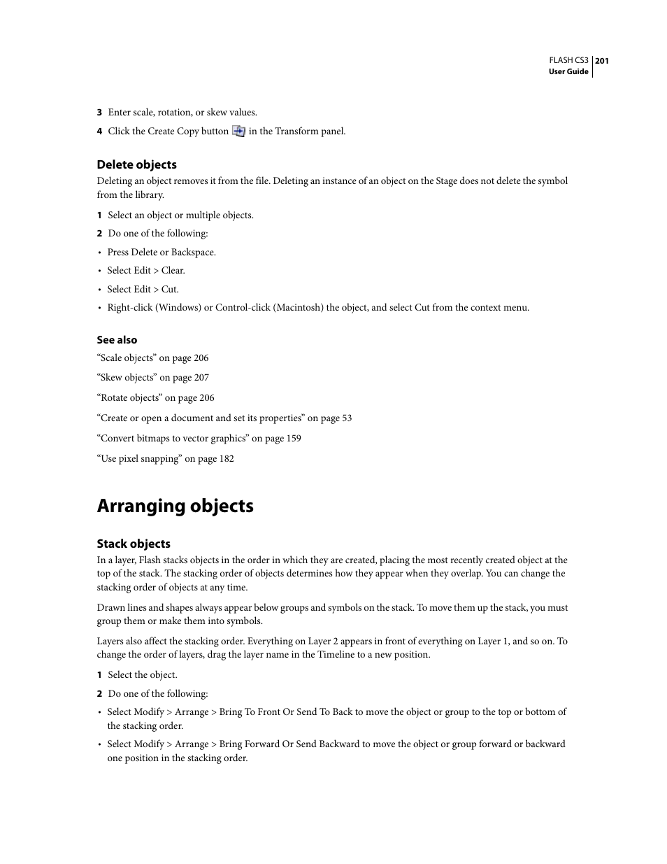 Delete objects, Arranging objects, Stack objects | Adobe Flash Professional CS3 User Manual | Page 207 / 527