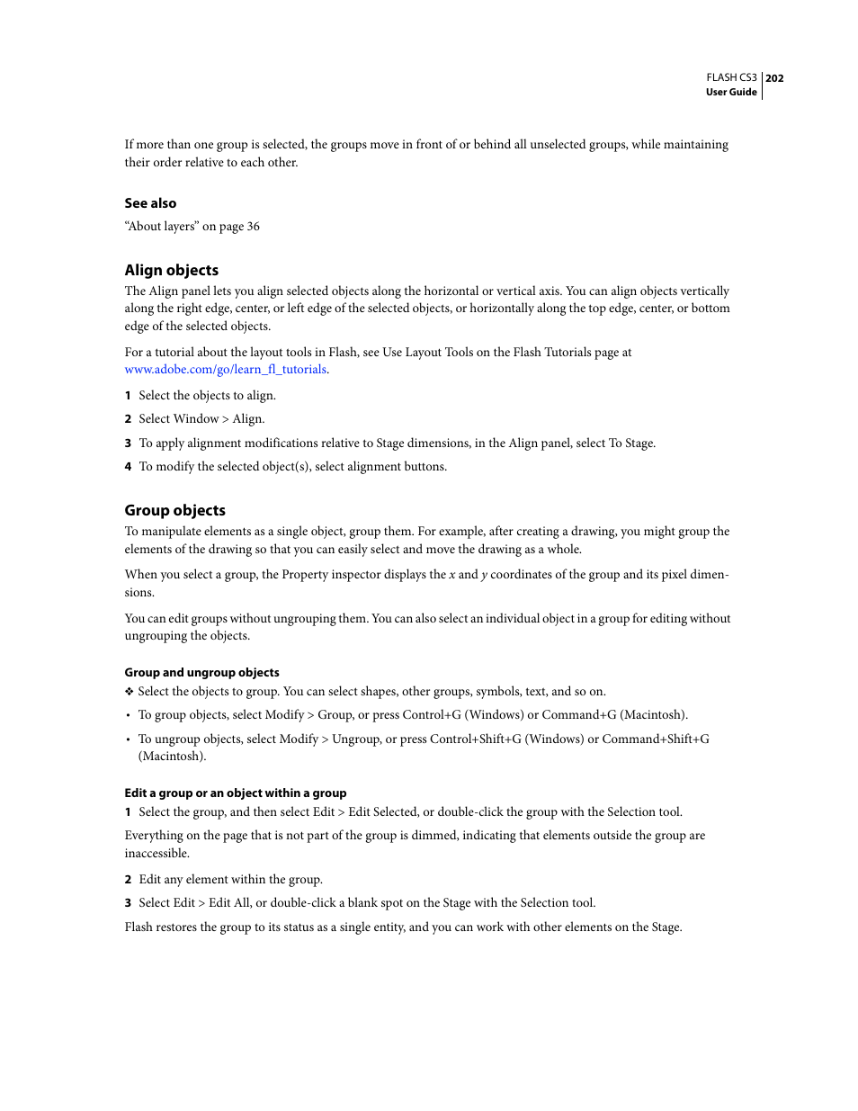 Align objects, Group objects | Adobe Flash Professional CS3 User Manual | Page 208 / 527