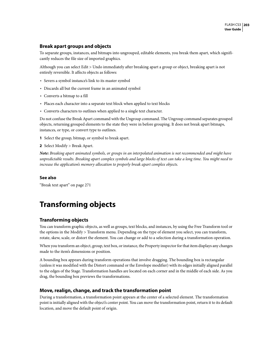 Break apart groups and objects, Transforming objects | Adobe Flash Professional CS3 User Manual | Page 209 / 527