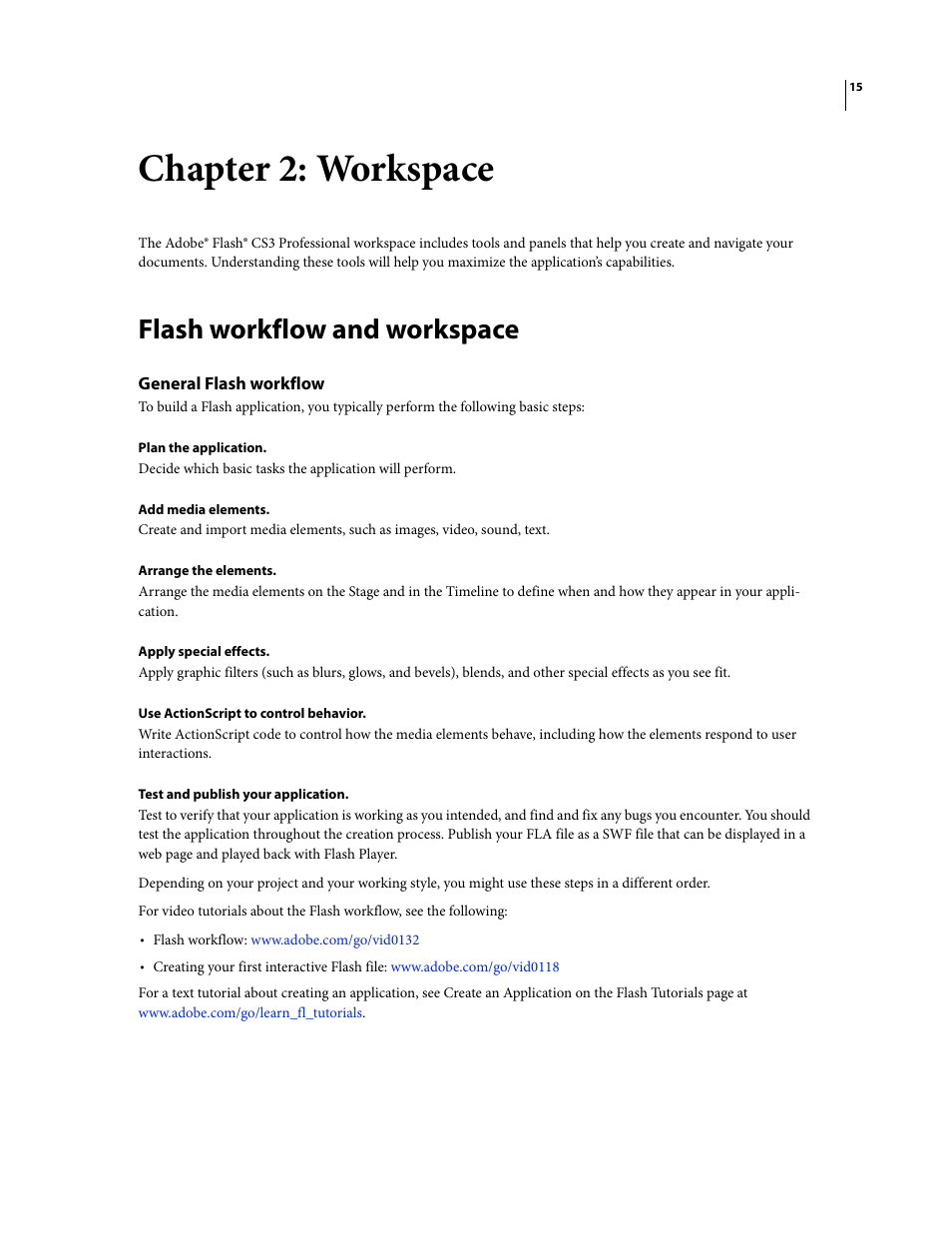 Chapter 2: workspace, Flash workflow and workspace, General flash workflow | Adobe Flash Professional CS3 User Manual | Page 21 / 527